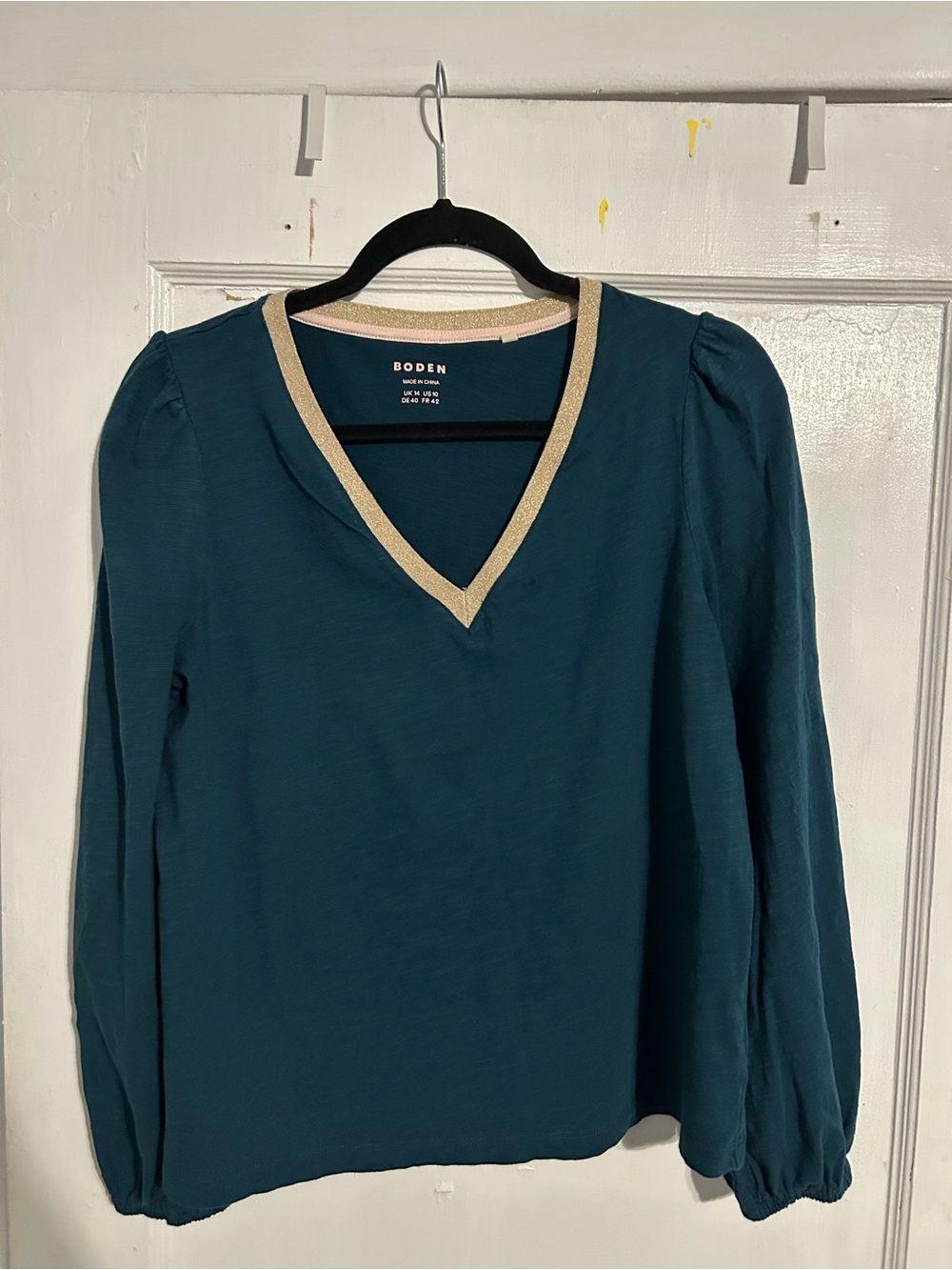 Boden Teal Long-Sleeve V-Neck Top with Cream Trim